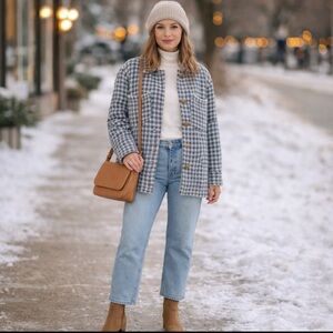 Max Studio Blue and White Gingham Cozy Soft Fuzzy Heavyweight Shacket Sz S